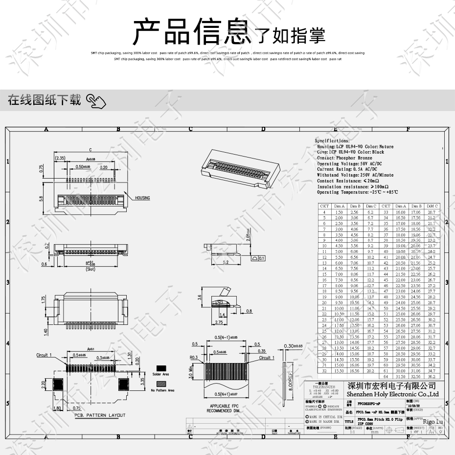 午夜福利在线播放丨FFC/FPC軟排線連接器 FPC插座 間距0.5mm-64p H2.0翻蓋下接